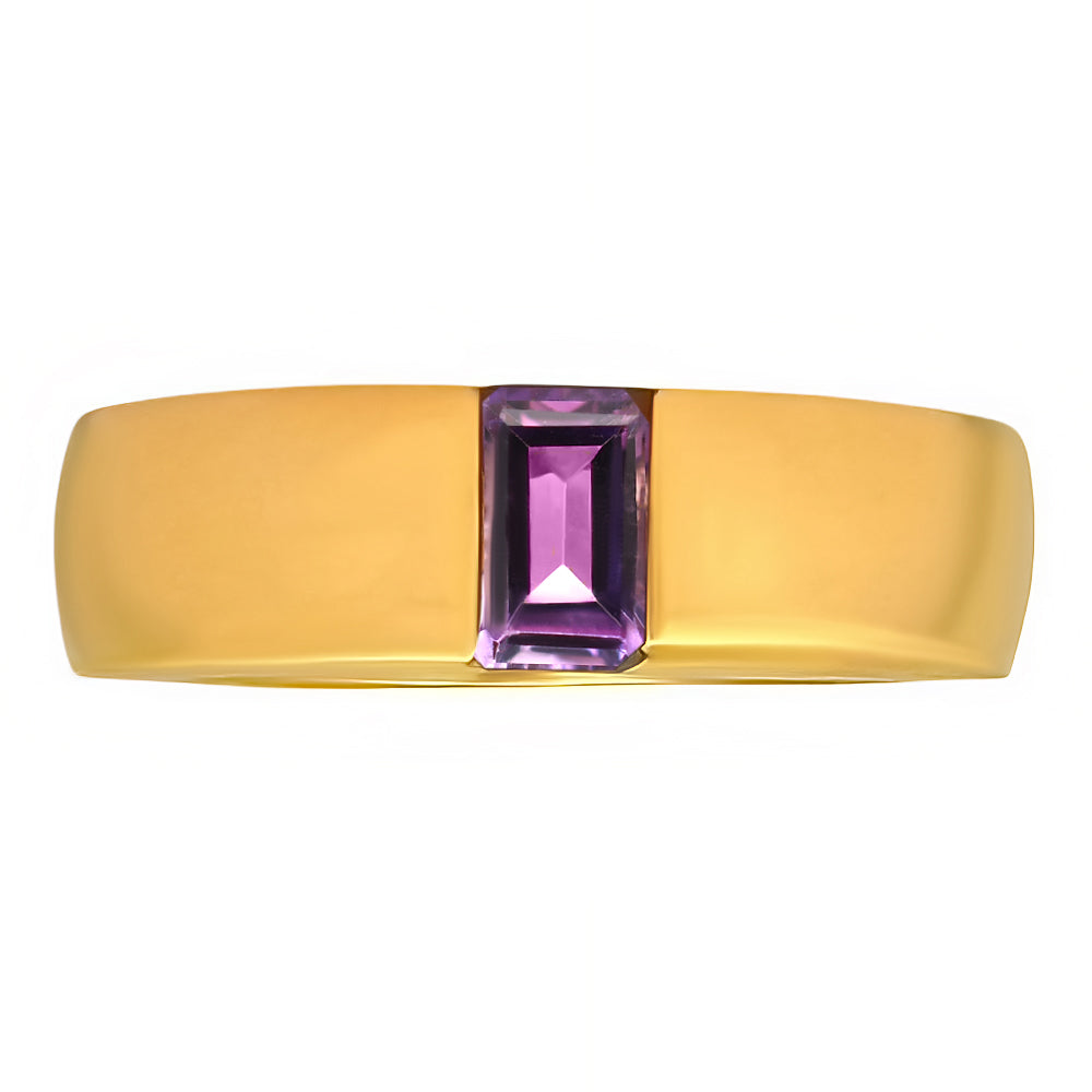 Amethyst baguette set across a wide 18K gold plated band, front view