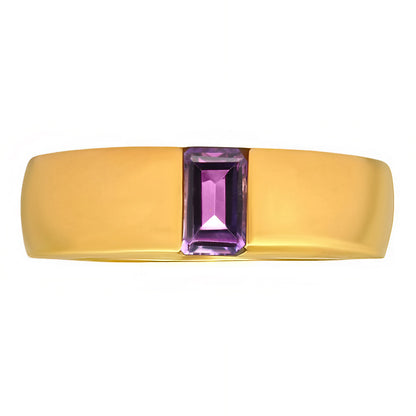 Amethyst baguette set across a wide 18K gold plated band, front view