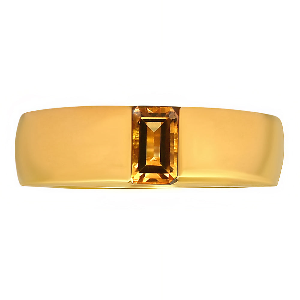Citrine baguette set across a wide 18K gold plated band, front view