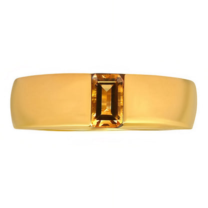 Citrine baguette set across a wide 18K gold plated band, front view