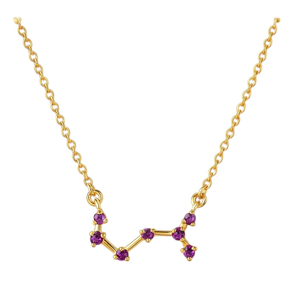 Amethyst version on white, seven small purple stones joined by short gold tone bars