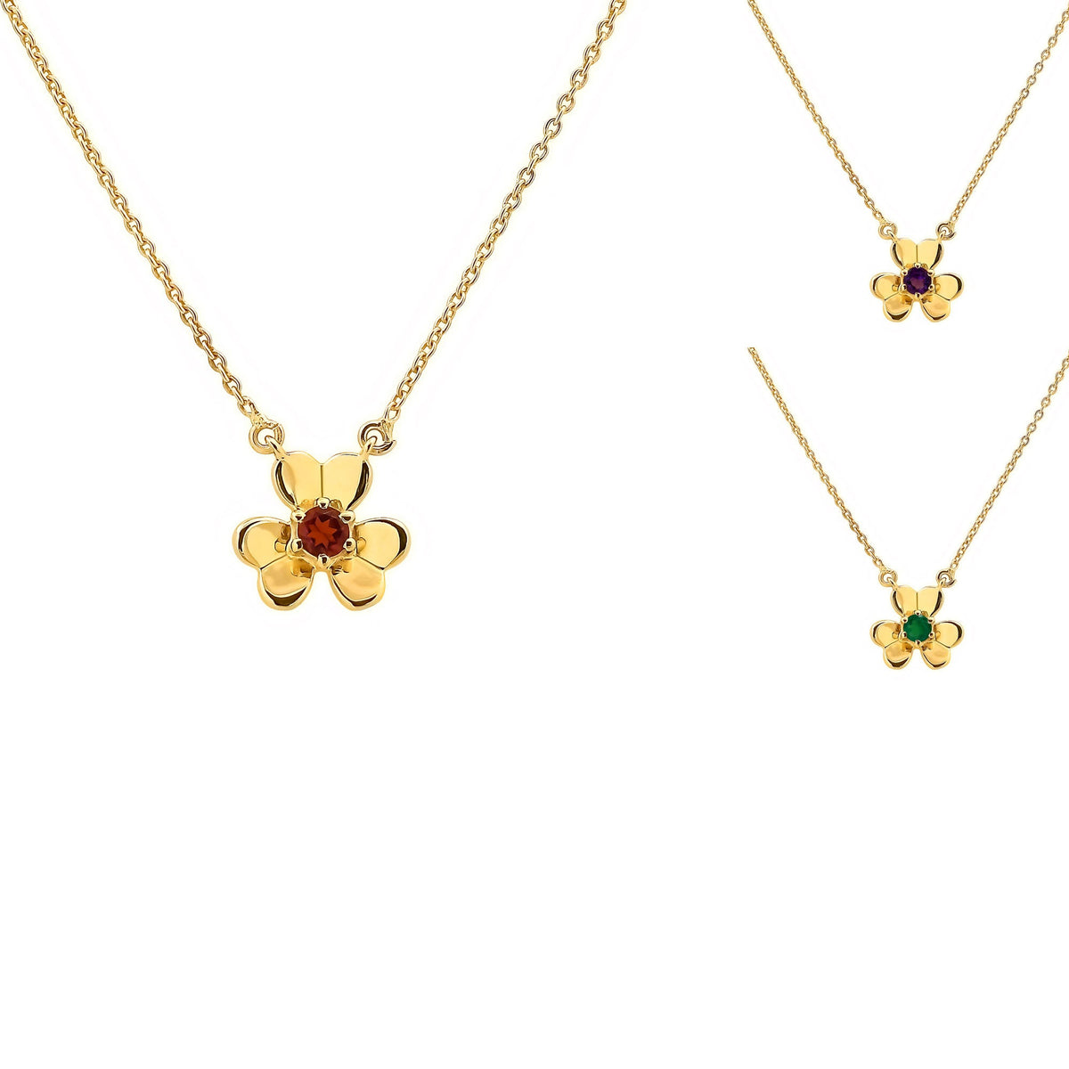 Garnet flower necklace on white, insets showing the amethyst and green onyx centers