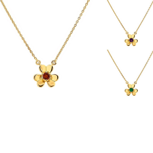 Garnet flower necklace on white, insets showing the amethyst and green onyx centers