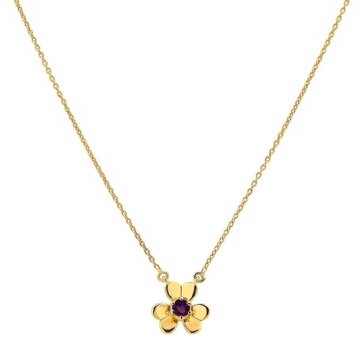 Amethyst version on white, a purple stone set in the middle of three rounded petals