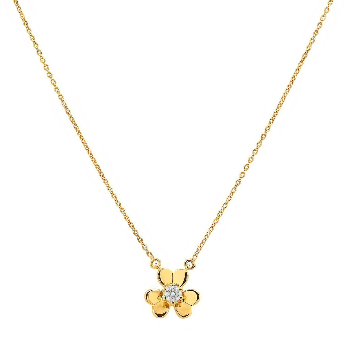 Moissanite version on white, a clear sparkling stone in the middle of three gold tone petals
