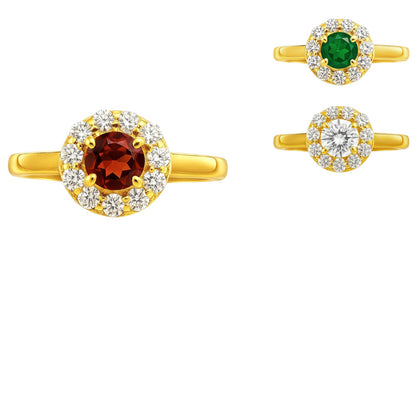 Hessonite garnet halo ring beside smaller views of the green onyx and white zircon