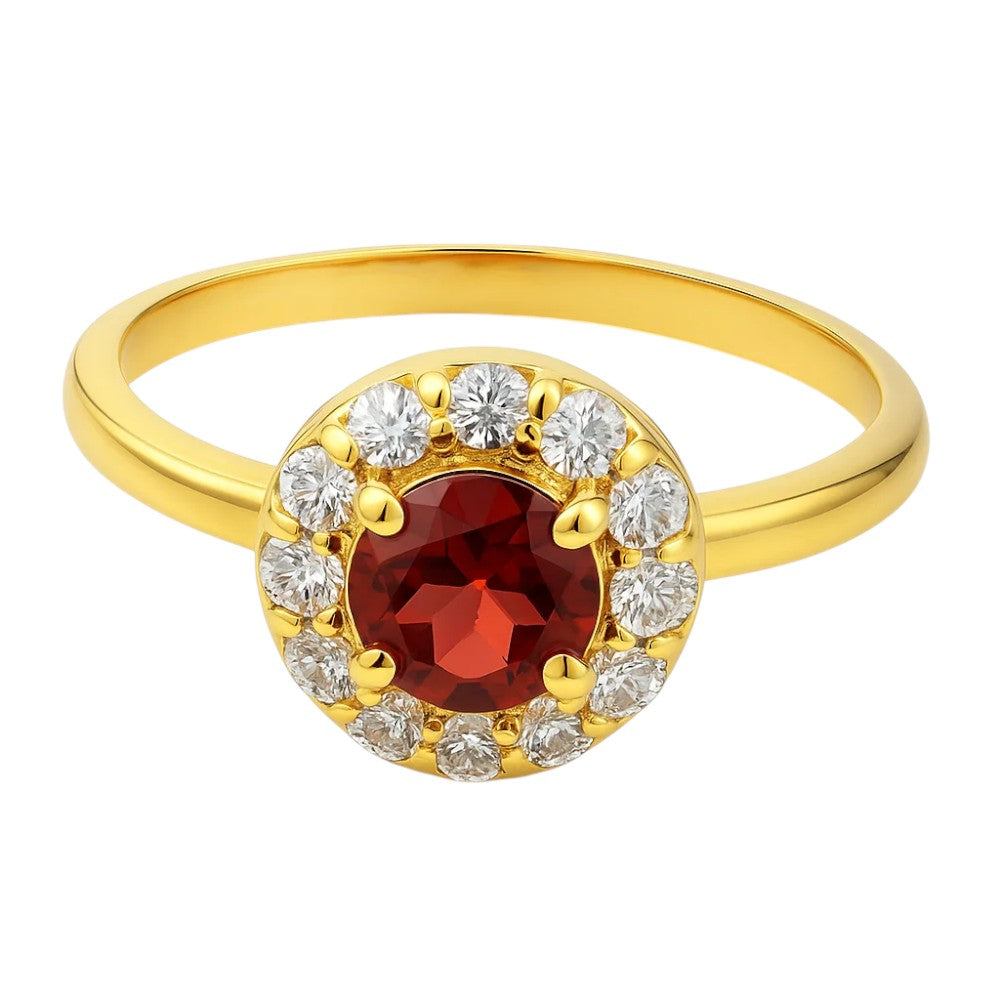 Round hessonite garnet ringed by clear CZ on a slim 18K gold plated band