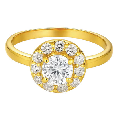Round white zircon ringed by clear CZ on a slim 18K gold plated band