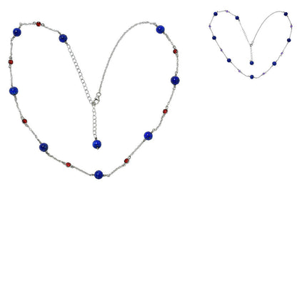 Lapis station necklace laid in a heart shape with red garnets and extender, inset of the amethyst version