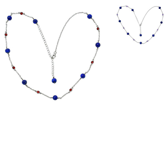 Lapis station necklace laid in a heart shape with red garnets and extender, inset of the amethyst version