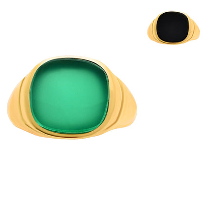 Green onyx cushion signet ring with a smaller view of the black onyx version on white