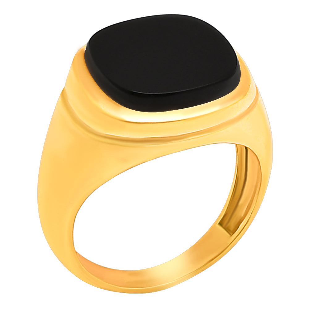 Black onyx signet ring at an angle showing the raised bezel and 18K gold plated shank