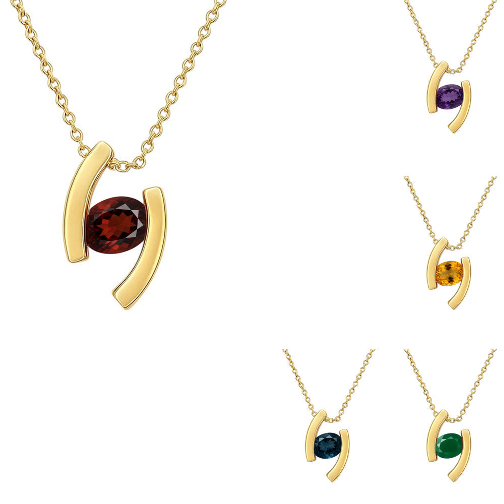 Garnet curved bar pendant up close, insets of the amethyst, citrine, London blue topaz and green onyx