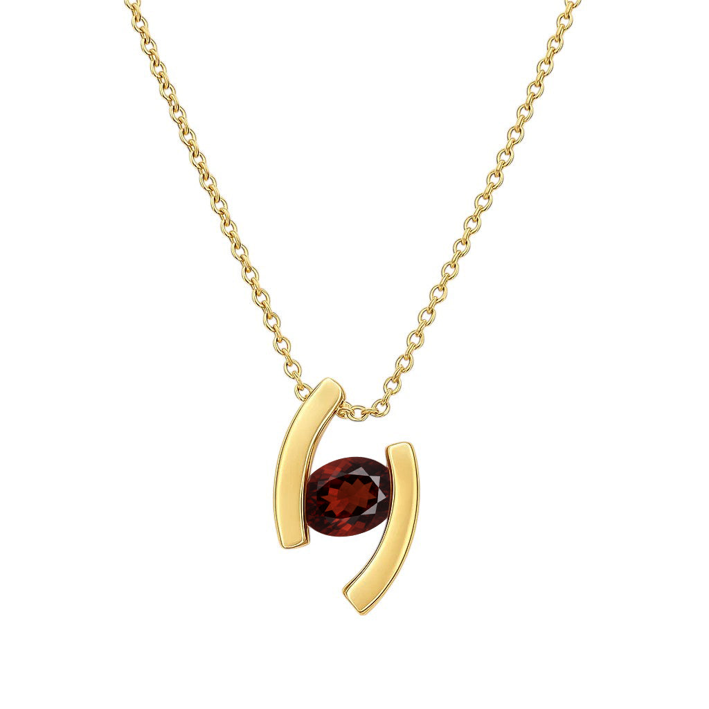 Garnet version on white, an oval red stone between two curved gold tone bars