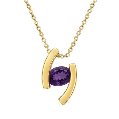 Amethyst version up close on white, a faceted oval purple stone between curved bars