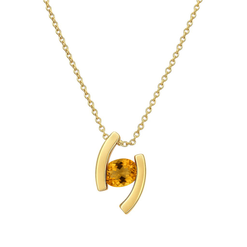 Citrine version on white, an oval golden yellow stone between two curved gold tone bars