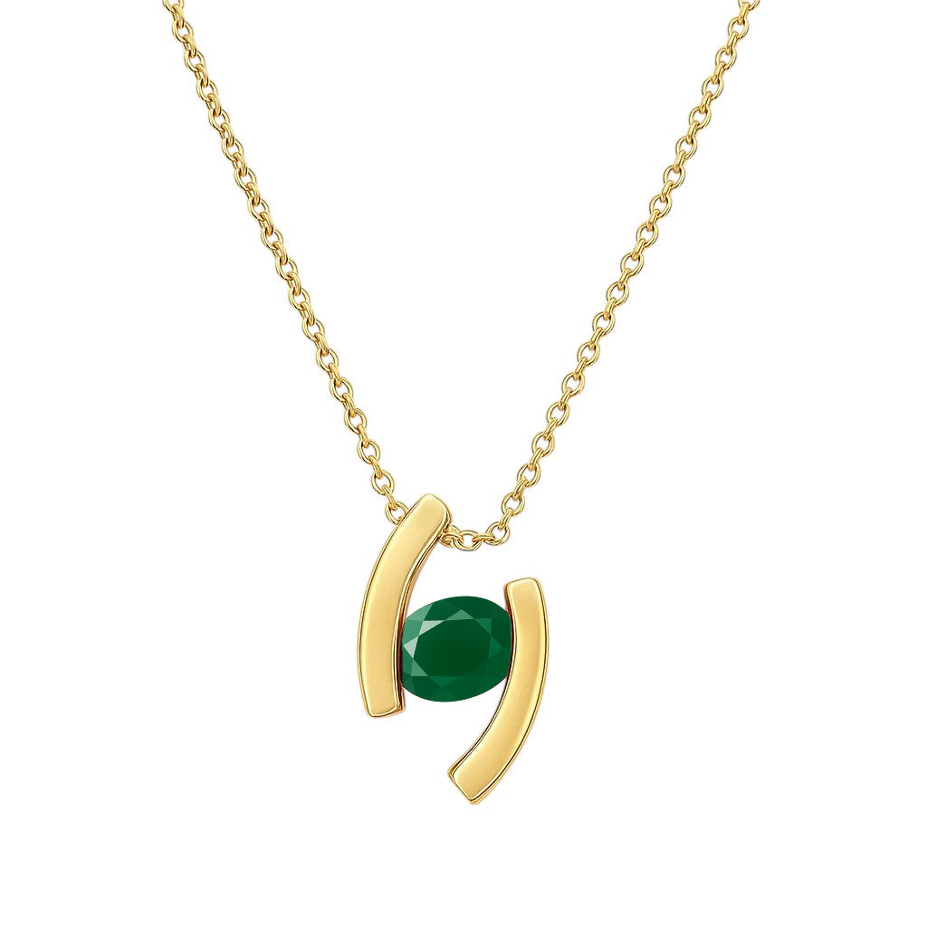 Green onyx version on white, an oval green stone between two curved gold tone bars