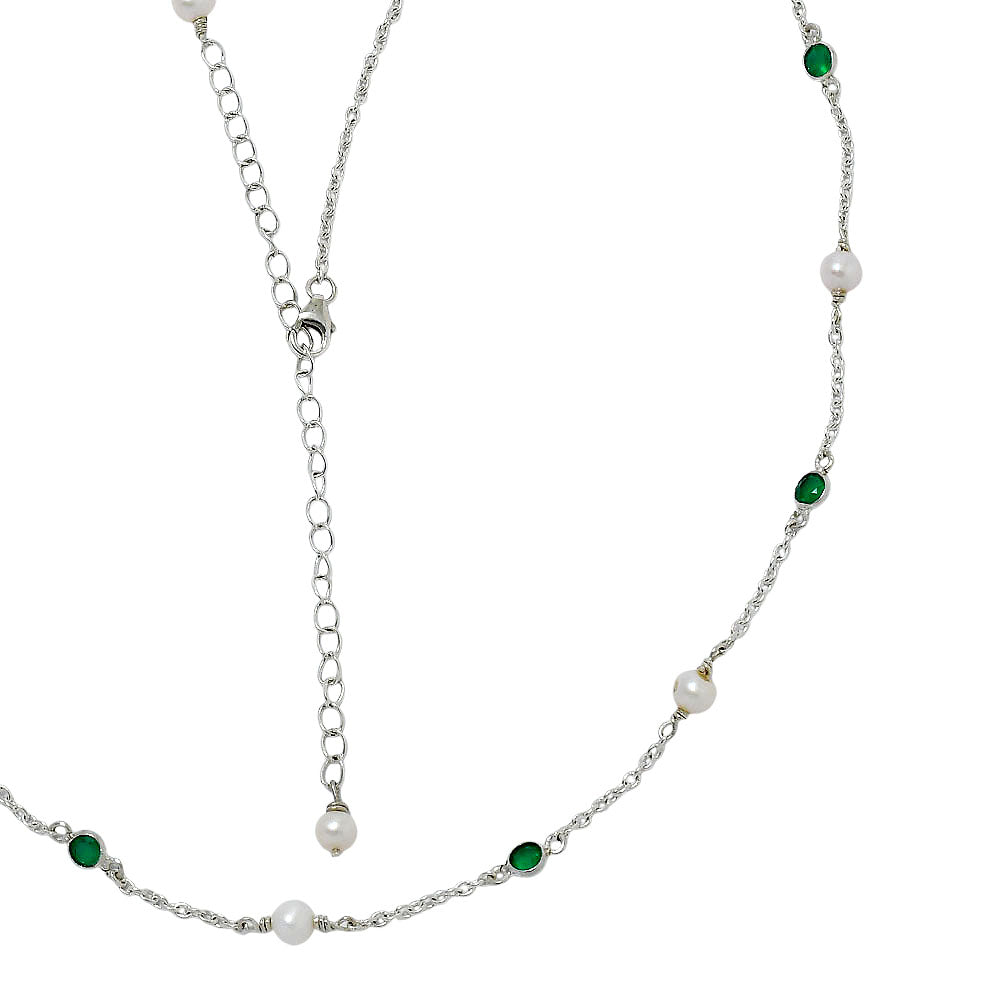 Lobster clasp and extender of the pearl station necklace with a pearl at the tip
