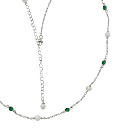 Lobster clasp and extender of the pearl station necklace with a pearl at the tip