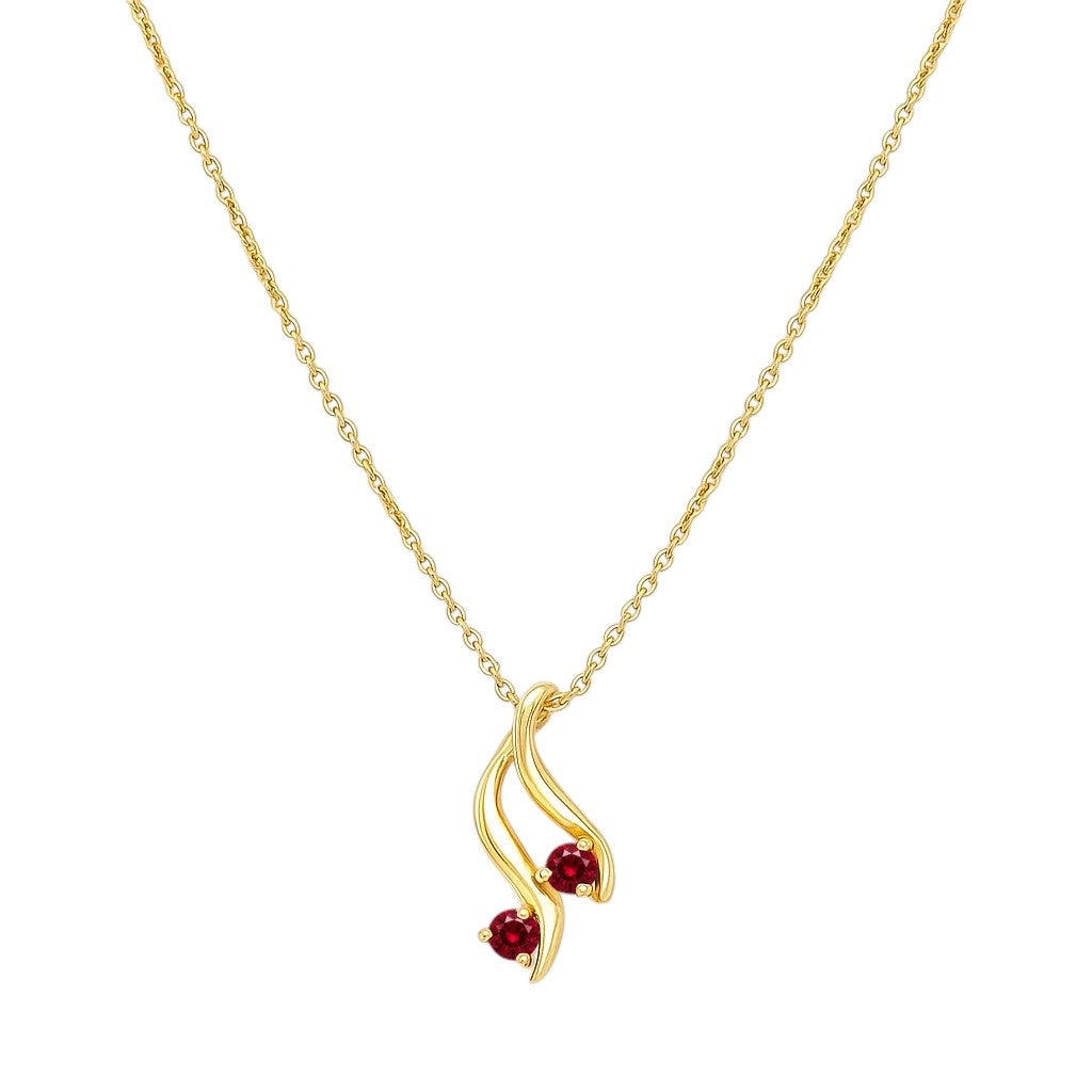 Pink rubellite version on white, two pink stones set along the curved gold tone swirl