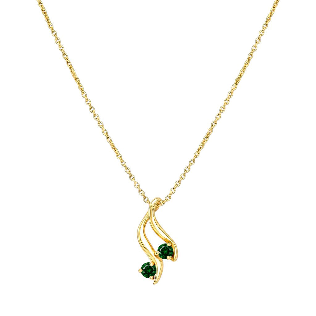 Green tourmaline version on white, two green stones set along the curved gold tone swirl