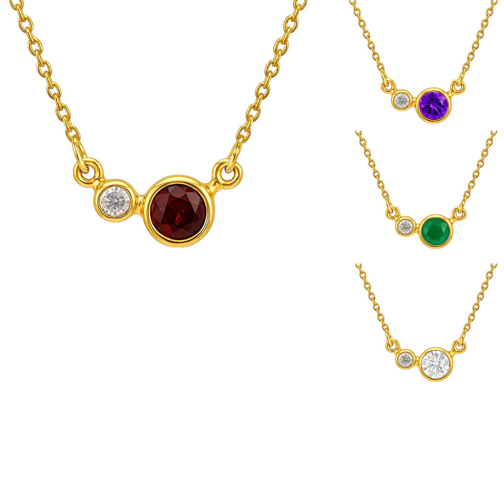 Garnet two stone pendant up close, insets showing the amethyst, green onyx and white zircon versions