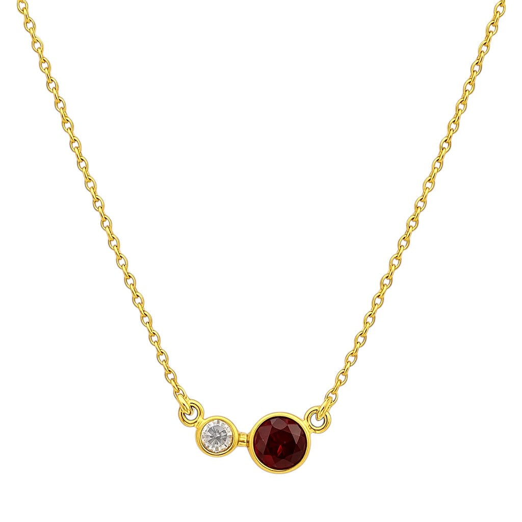 Garnet version on white, a round bezel set red stone beside a small clear accent stone