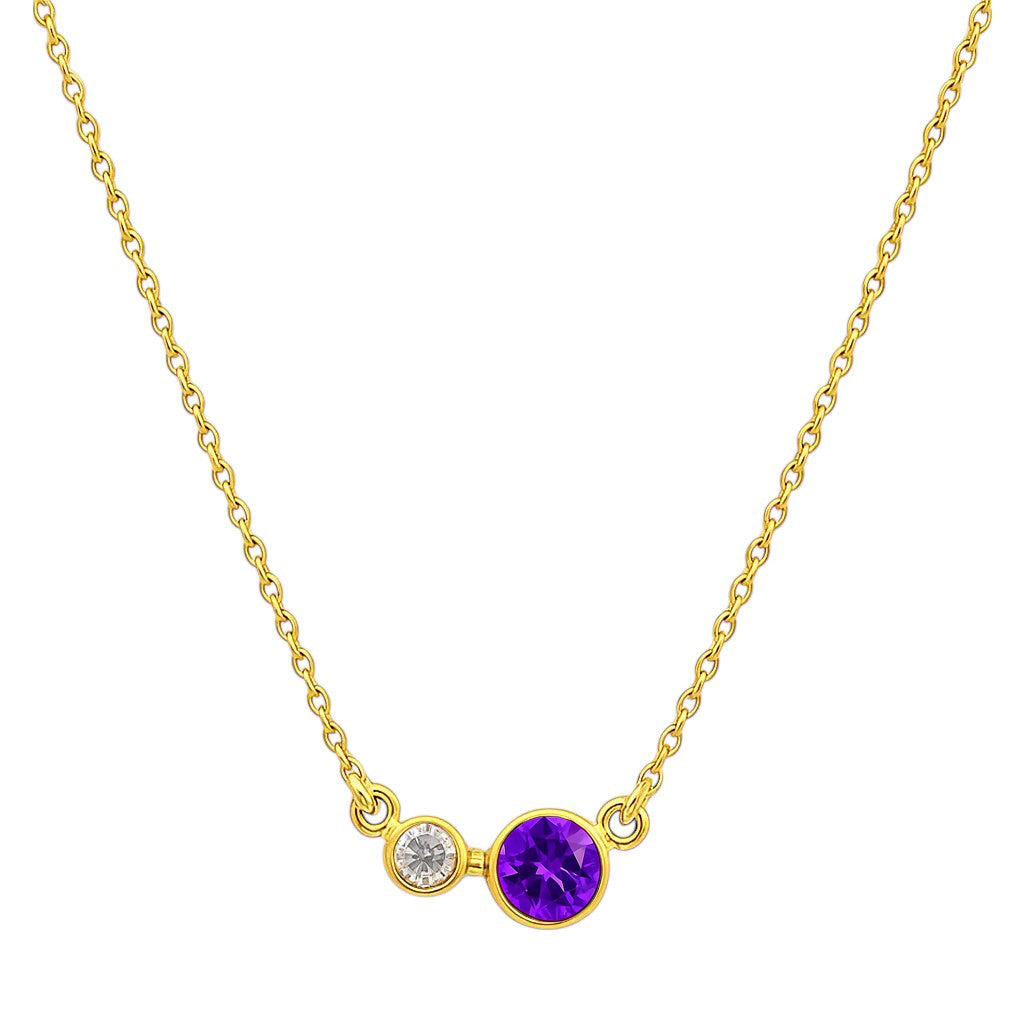 Amethyst version on white, a round bezel set purple stone beside a small clear accent stone