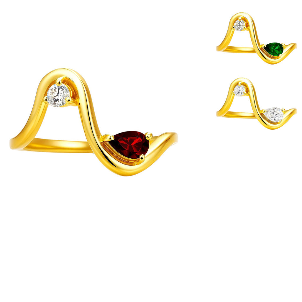 Wave ring in hessonite garnet beside smaller views of green tourmaline and white zircon