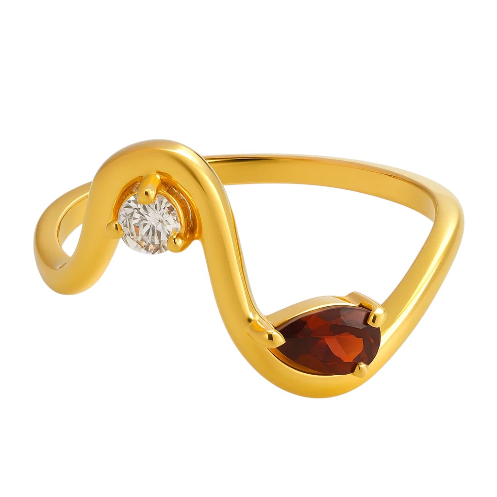 Pear hessonite garnet and round CZ on an 18K gold plated wave band