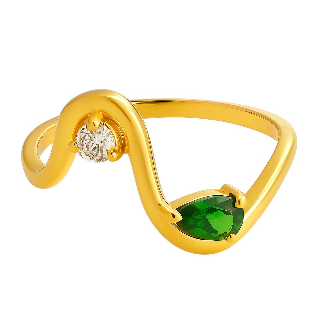Pear green tourmaline and round CZ on an 18K gold plated wave band