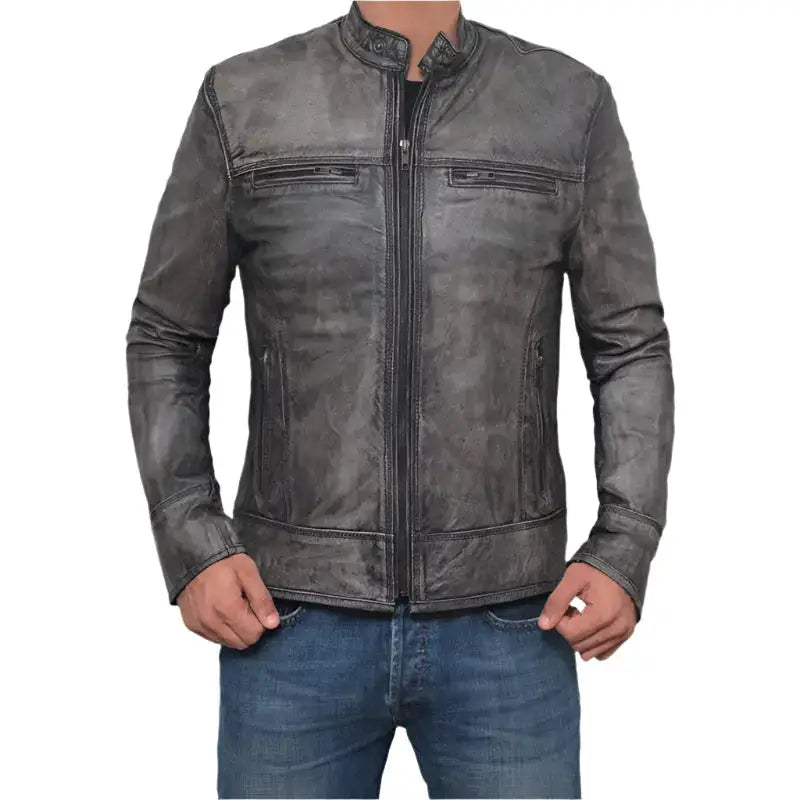 Distressed Dark Grey Lamb Leather Biker Jacket-0