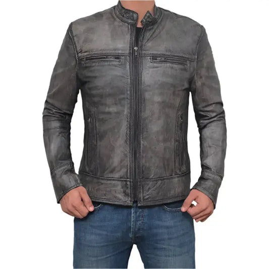 Distressed Dark Grey Lamb Leather Biker Jacket-0