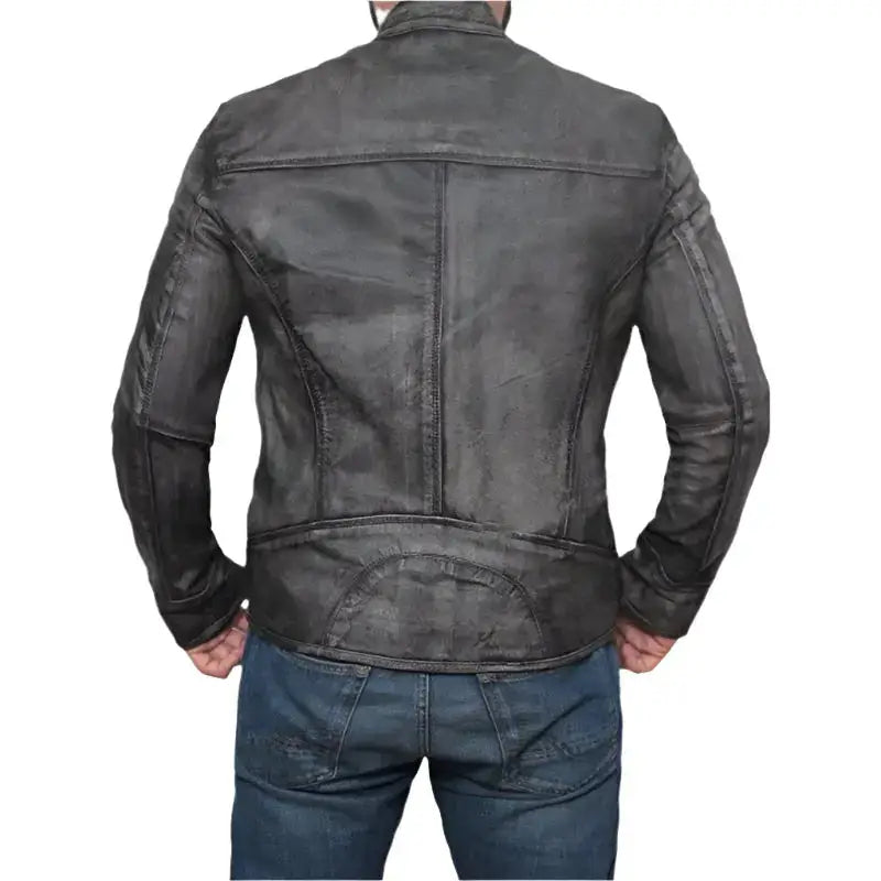 Distressed Dark Grey Lamb Leather Biker Jacket-1