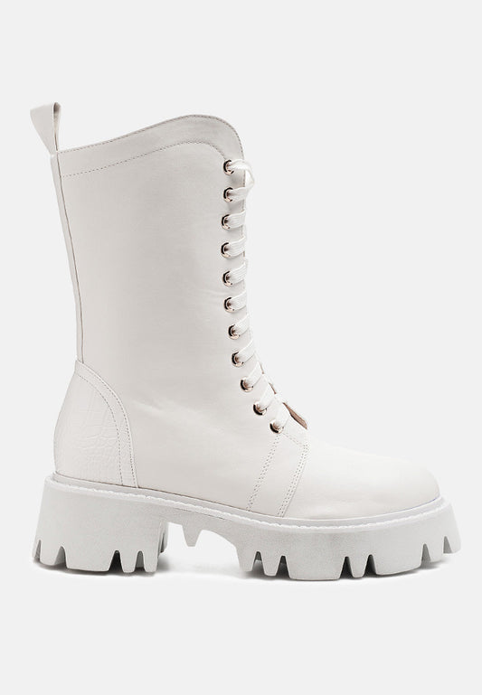 Drill Chunky White Lace Up Ankle Boots-0