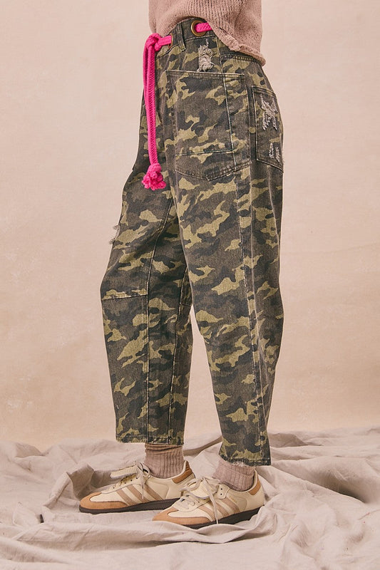 BiBi Braided Waist Belt Patch Pockets Camouflage Print Pants-1