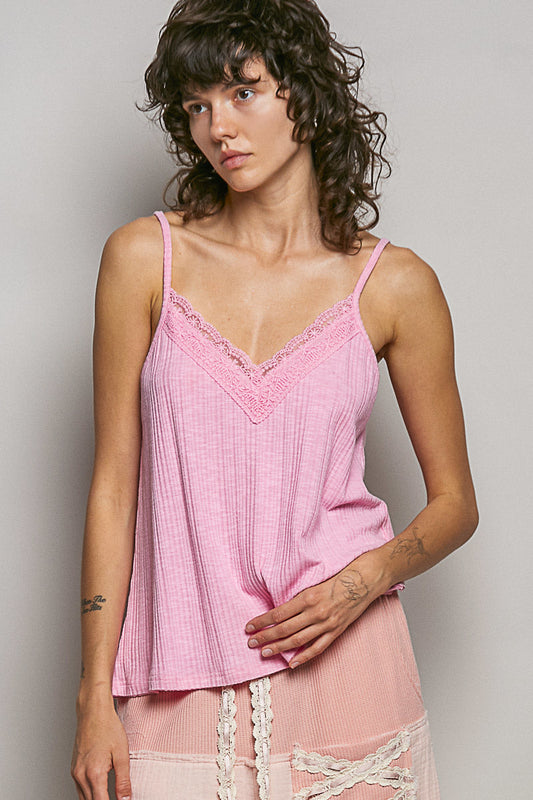POL Lace Detail V-Neck Textured Knit Cami-1