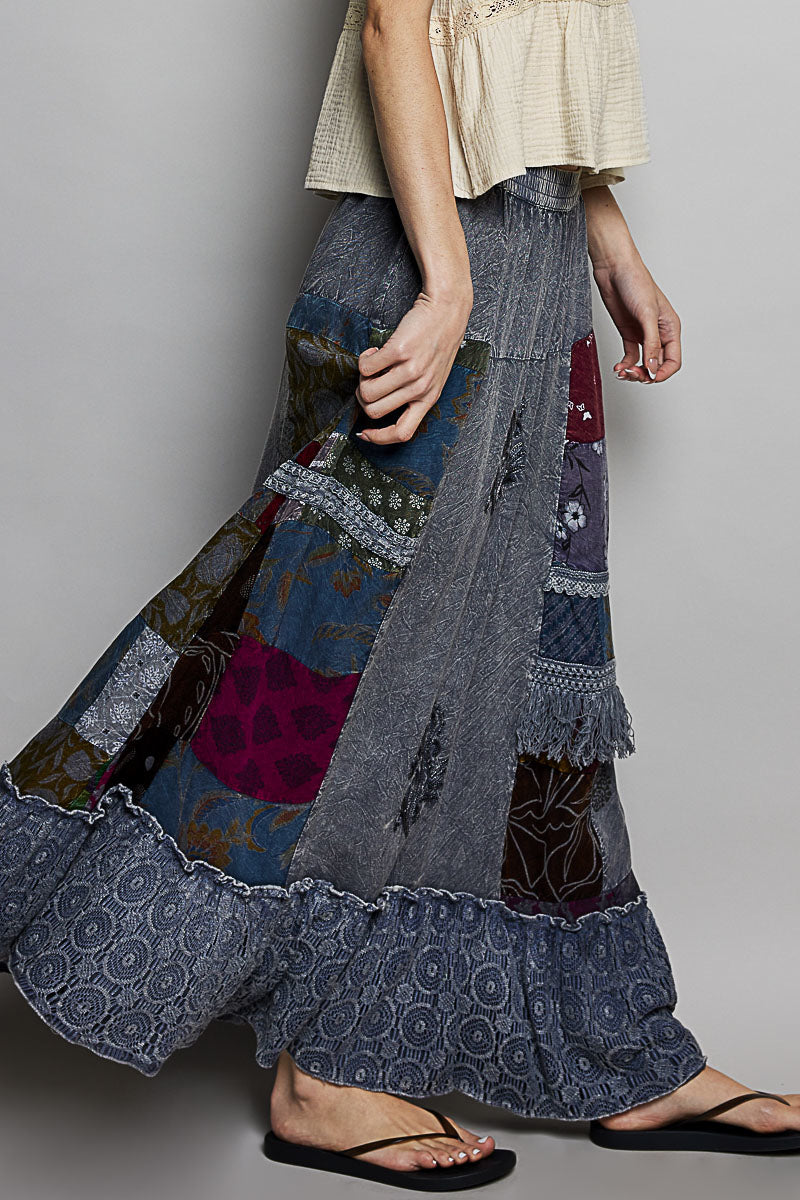 POL Printed Patchwork Embroidered Ruffled Skirt-1