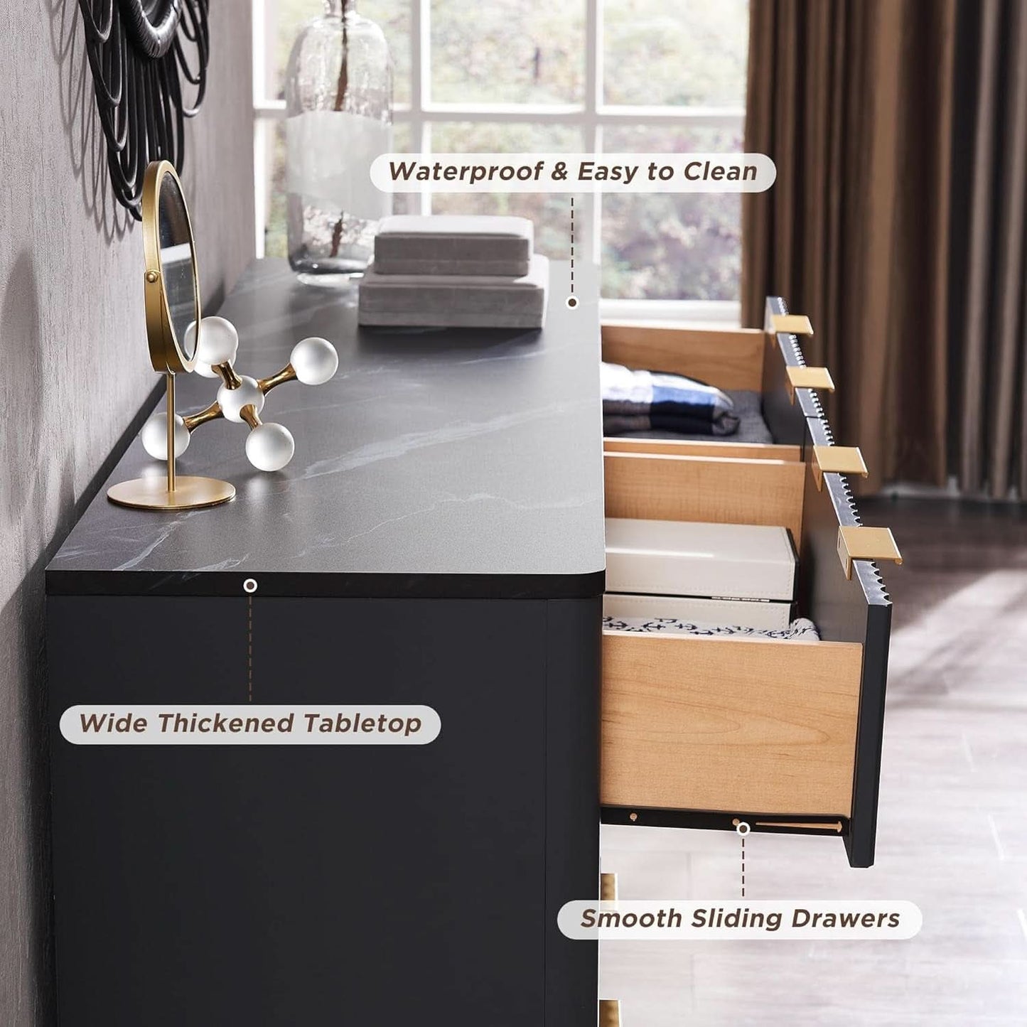 54 Inch Fluted Dresser With Dark Gray Faux Marble Top-4