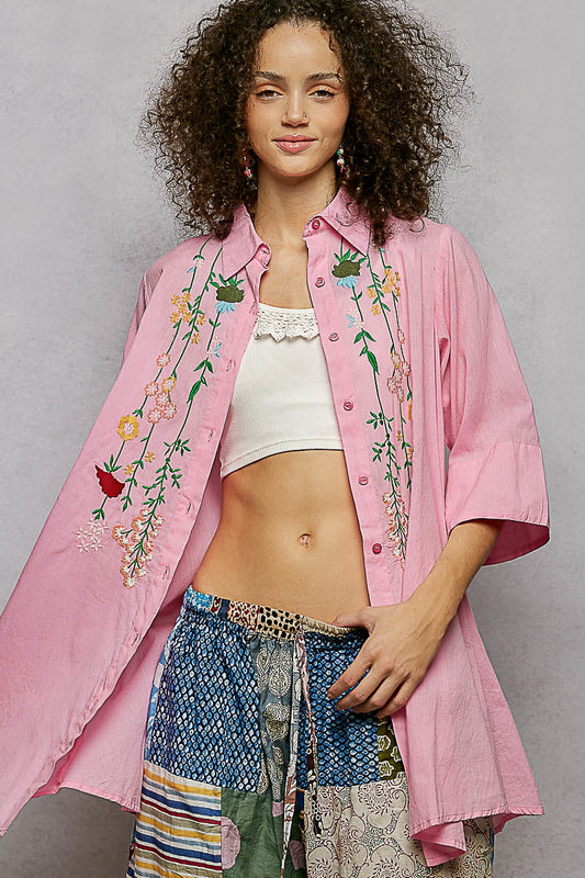 POL Floral Embroidered Half Sleeve Cotton Shirt-0