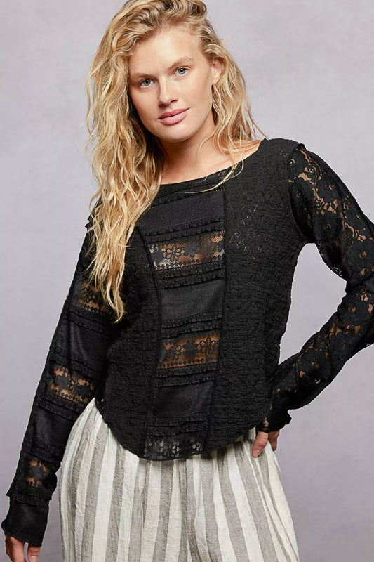 POL Round Neck Long Sleeve Exposed Seam Top with Lace Detail-1