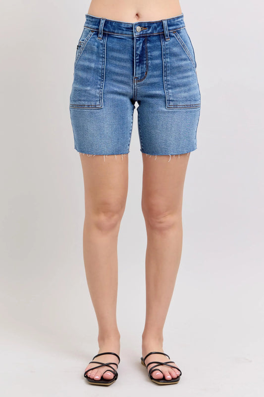 Judy Blue Full Size Mid Rise Bermudas Denim Shorts W/ Back Flap Pockets Plus Size-0