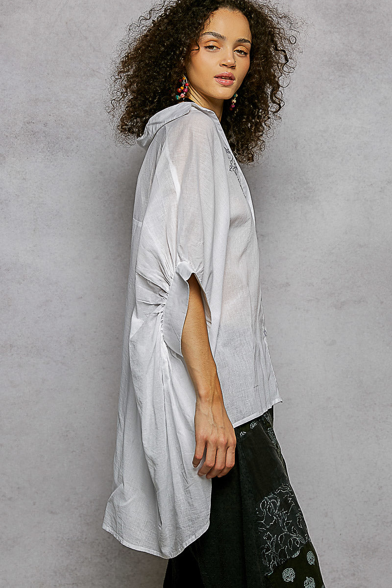 POL Button Down Embroidered Floral High-Low Hem Shirt-4