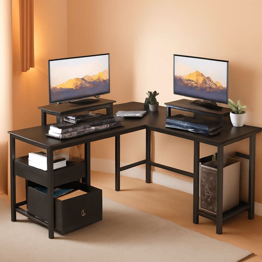 Fifty Nine Inch L Shaped Desk With Black Storage Drawers Unit-0
