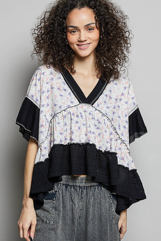 POL Floral Print V-Neck Woven Blouse with Gentle Gathers-0