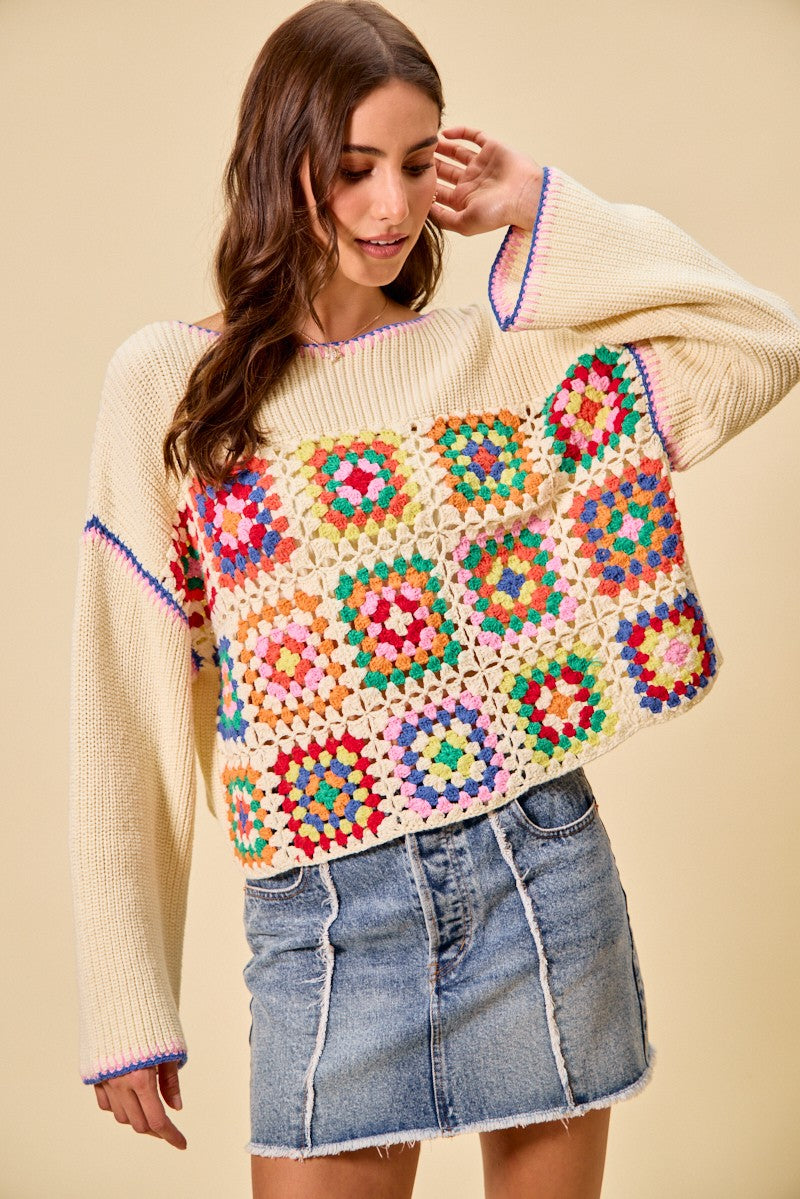 SO ME Multi Color Granny Crochet Lace Sweater Top-0
