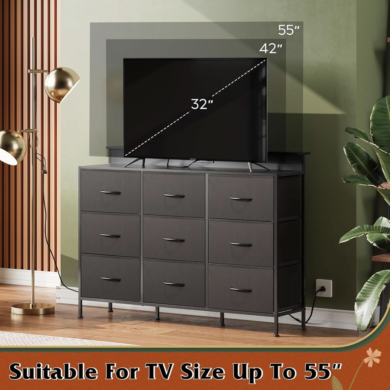 Black Dresser TV Stand 55 Inch With LED Lights And Charging Station-3