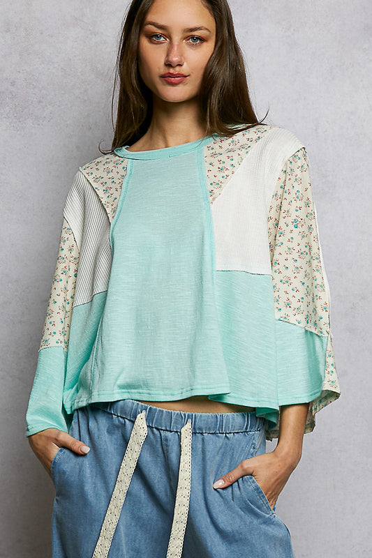 POL Exposed Seam Floral Patchwork Round Neck Textured Slub Knit Top-0