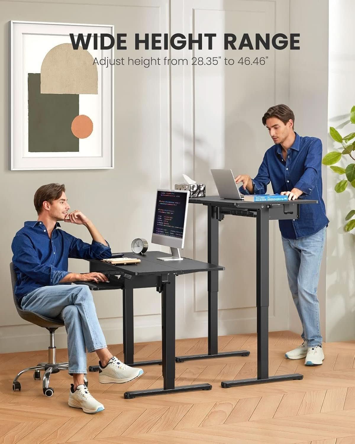 Electric standing desk on a steel frame showing the motor column inside the leg.