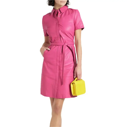 Women's Elegant Pink Leather Shirt Dress-0